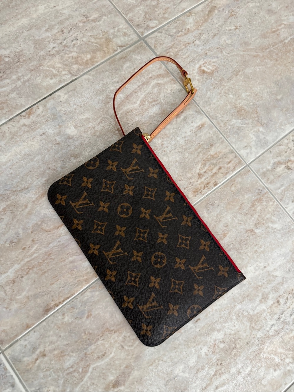 Louis Vuitton Monogram Wristlet Pouch with Red Trim and Tan Strap